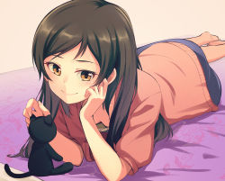 Rule 34 | 10s, 1girl, barefoot, blanket, blonde hair, blush, breasts, brown eyes, brown hair, cardigan, closed mouth, downblouse, hand on own cheek, hand on own face, head rest, idolmaster, idolmaster million live!, kitazawa shiho, long hair, lying, nanotsuki, open cardigan, open clothes, short sleeves, small breasts, smile, solo, stuffed animal, stuffed cat, stuffed toy, swept bangs