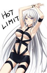 Rule 34 | 1girl, armband, armpits, arms up, azur lane, blush, bondage outfit, enterprise (azur lane), highres, hot limit, long hair, looking at viewer, purple eyes, revealing clothes, silver hair, simple background, smile, solo, t.m.revolution, very long hair, white background, wristband, yorugami rei