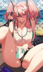 Rule 34 | 1girl, :p, azur lane, bag, ball, bare shoulders, beach, black panties, blue sky, blush, bottle, breasts, bremerton (azur lane), bremerton (scorching-hot training) (azur lane), chain-link fence, cleavage, cloud, collarbone, crop top, crop top overhang, day, fence, green skirt, grey hair, groin, hair between eyes, hair intakes, hair ornament, hairclip, hand up, heart, heart necklace, highres, holding, holding racket, jewelry, large breasts, leg up, long hair, looking at viewer, manjuu (azur lane), midriff, multicolored hair, navel, necklace, no mole, ocean, official alternate costume, outdoors, panties, pink eyes, pink hair, racket, sg (satoumogumogu), shadow, shirt, sidelocks, sitting, skirt, sky, sleeveless, sleeveless shirt, smile, solo, sportswear, streaked hair, tennis ball, tennis racket, tennis uniform, tongue, tongue out, twintails, two-tone hair, two-tone shirt, two-tone skirt, underwear, water bottle, wet, wet clothes, wet shirt, white skirt, wristband, x hair ornament