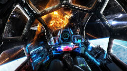 Rule 34 | aerial battle, battle, black gloves, broken glass, cockpit, commentary, controller, crossover, dogfight, english commentary, explosion, fake screenshot, gameplay mechanics, glass, gloves, highres, holographic monitor, horizon, johnson ting, joystick, leather, leather gloves, official art, original, pilot suit, planet, pov, production art, prototype design, realistic, science fiction, space, spacecraft, spacecraft interior, star citizen, star wars, starfighter, thrusters, tie fighter, tie fighter (video game), video game