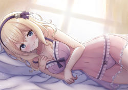 Rule 34 | 1girl, azur lane, babydoll, bare arms, bare shoulders, bed sheet, blonde hair, blue eyes, bow, bow bra, bow panties, bra, breasts, cleavage, closed mouth, collarbone, commentary request, curtains, frilled bra, frilled panties, frills, hair between eyes, hairband, highres, leander (azur lane), long hair, looking at viewer, lying, medium breasts, navel, on side, panties, pillow, purple bra, purple hairband, purple panties, sakuraume, see-through, smile, solo, thigh gap, transparent, underwear, underwear only, window