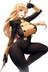 Rule 34 | 1girl, adapted costume, alternate breast size, blonde hair, braid, breasts, commentary request, epaulettes, fire emblem, fire emblem: three houses, garreg mach monastery uniform, gloves, green eyes, highres, huge breasts, ingrid brandl galatea, long hair, long sleeves, looking at viewer, nintendo, obaoba (monkeyix), open mouth, pantyhose, pole, simple background, solo, uniform, white background