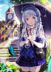 Rule 34 | 1girl, absurdres, bag, blue hair, blush, breasts, bug, butterfly, cat, city, dress, flower, gothic lolita, grey hair, hairband, handbag, headdress, highres, insect, lily (flower), lolita fashion, lolita hairband, looking at viewer, medium breasts, multicolored hair, open mouth, original, outdoors, red eyes, scenery, school uniform, see-through, shoulder bag, solo, standing, tatsukisan, thighhighs, thighs, town, tree, umbrella, white hair