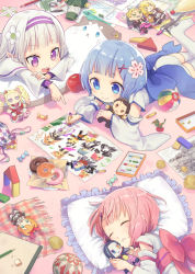 Rule 34 | 10s, 3girls, aged down, apple, beatrice (re:zero), blue eyes, blue hair, blush, candy, character request, child, closed eyes, closed mouth, crayon, detached sleeves, doughnut, elf, emilia (re:zero), flower, food, food on face, frederica baumann, frilled pillow, frills, from above, fruit, garfiel tinsel, hair flower, hair ornament, hairband, holding, japanese clothes, kimono, kimono skirt, long sleeves, lying, multiple girls, natsuki subaru, obi, on floor, on side, on stomach, paper, paper balloon, parted lips, pencil, petra leyte, pillow, pink hair, pointy ears, purple eyes, ram (re:zero), re:zero kara hajimeru isekai seikatsu, rem (re:zero), sash, shake sawa, short hair, siblings, silver hair, sisters, sketchbook, sleeping, smile, stuffed animal, stuffed cat, stuffed toy, thighhighs, twins, white legwear, wrapped candy, x hair ornament