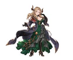 Rule 34 | 1girl, black gloves, blonde hair, breasts, brown eyes, choker, cleavage, closed mouth, draph, dress, drill hair, earrings, elbow gloves, full body, gloves, granblue fantasy, green dress, hand up, high heels, horns, jewelry, large breasts, long coat, long hair, long sleeves, looking at viewer, maria theresa (granblue fantasy), minaba hideo, official art, pantyhose, parted bangs, pointy ears, serious, solo, standing, transparent background, wide sleeves