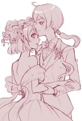 Rule 34 | 2girls, :d, ahoge, back, bare shoulders, blush, bow, bowtie, closed mouth, collared shirt, cross-laced clothes, dress, drill hair, earrings, female focus, flower, formal, head wreath, highres, himaya, jacket, jewelry, lapels, leaf, long hair, long sleeves, looking at another, looking at viewer, low ponytail, magia record: mahou shoujo madoka magica gaiden, mahou shoujo madoka magica, makino ikumi, midori ryo, monochrome, multiple girls, off-shoulder dress, off shoulder, open mouth, pink theme, profile, rose, shirt, short hair, short sleeves, sidelocks, simple background, smile, suit, suit jacket, swept bangs, three-piece suit, twin drills, two side up, unfinished, upper body, very long hair, wavy hair, wedding, wedding dress, white background, yuri