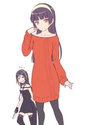 Rule 34 | 2girls, aragaki ayase, black dress, black hair, black thighhighs, commentary request, cosplay, cowboy shot, dress, earrings, feet out of frame, gokou ruri, gold earrings, gold hairband, hairband, jewelry, knife, long hair, looking at viewer, multiple girls, off-shoulder sweater, off shoulder, ore no imouto ga konna ni kawaii wake ga nai, red dress, red eyes, red sweater, simple background, spy x family, standing, sweater, sweater dress, takatsuki akira, thighhighs, white background, white hairband, yor briar, yor briar (cosplay)