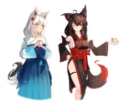 Rule 34 | 2girls, absurdres, ahoge, animal ear fluff, animal ears, black hair, blush, braid, breasts, commentary request, earrings, fox ears, fox girl, fox tail, green eyes, hair between eyes, hakama, hakama skirt, hand on own hip, highres, hololive, japanese clothes, jewelry, kimono, kurokami fubuki, long hair, looking at another, looking at viewer, medium breasts, multiple girls, obi, one eye closed, open mouth, red eyes, red hair, retrocreature, sash, shirakami fubuki, shirakami fubuki (new year), sideboob, sidelocks, simple background, single braid, skirt, tail, thigh strap, virtual youtuber, white background, white hair