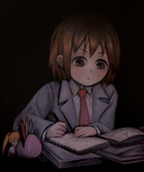 Rule 34 | 1girl, absurdres, black background, brown eyes, brown hair, closed mouth, highres, holding, holding pen, kill me baby, long sleeves, necktie, notebook, oribe yasuna, pen, pencil, red necktie, school uniform, simple background, solo, sonya (kill me baby), svveetberry, writing