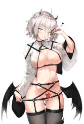 Rule 34 | 1girl, absurdres, bat wings, black thighhighs, breasts, candy, closed mouth, clothes writing, fate/grand order, fate (series), food, garter belt, groin, hand up, heart, highres, jeanne d&#039;arc (fate), jeanne d&#039;arc alter (avenger) (fate), jeanne d&#039;arc alter (fate), large breasts, lollipop, long sleeves, no bra, panties, panty pull, pixel (yuxian), pubic tattoo, see-through, shirt, short hair, silver hair, simple background, solo, standing, tail, tattoo, thighhighs, tongue, tongue out, underwear, white background, white panties, white shirt, wide sleeves, wings, yellow eyes