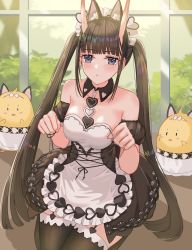 Rule 34 | 1girl, animal ears, apron, azur lane, bare shoulders, black dress, black hair, black thighhighs, blue eyes, breasts, cat ears, detached collar, detached sleeves, dress, garter straps, hair ornament, heart, heart hair ornament, highres, horns, kuwahara taiki, long hair, maid, maid apron, maid headdress, manjuu (azur lane), medium breasts, noshiro (azur lane), noshiro (hold the ice) (azur lane), official alternate costume, oni horns, seiza, sitting, solo, strapless, strapless dress, thighhighs, thighs, twintails, very long hair