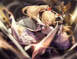 Rule 34 | 1girl, animal ear fluff, animal ears, arknights, armor, black ribbon, blemishine (arknights), blonde hair, commentary, female focus, hair ribbon, highres, holding, holding sword, holding weapon, horse girl, long hair, looking at viewer, pauldrons, ribbon, samo (shichun samo), shoulder armor, solo, sword, weapon, yellow eyes