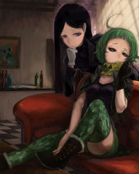 Rule 34 | 2girls, absurdres, ahoge, black eyes, black gloves, black sclera, boots, bottle, breasts, colored sclera, couch, creeper, enderman, explosive, formal, fur trim, gloves, grenade, head rest, highres, jacket, long hair, looking away, minecraft, multiple girls, patterned thighhighs, personification, purple eyes, radiation symbol, red upholstery, scarf, short hair, shorts, sitting, suit, thighhighs, toro3, turtleneck, white gloves