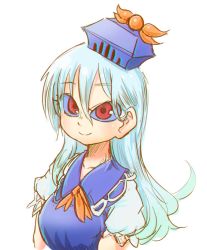 Rule 34 | 1girl, blue dress, blue hair, blue hat, chamaji, collared dress, commentary request, dress, hat, kamishirasawa keine, long hair, looking at viewer, neckerchief, puffy short sleeves, puffy sleeves, red eyes, short sleeves, silver hair, smile, solo, tokin hat, touhou, upper body