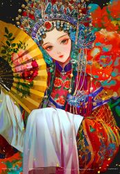 Rule 34 | 1girl, brown hair, chain, china dress, chinese clothes, dress, floral print, flower, gem, glint, hair ornament, hand fan, holding, holding fan, knot, long sleeves, looking at viewer, original, peking opera, peony (flower), red lips, say hana, solo, sparkle, tassel, wide sleeves