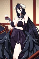 Rule 34 | 1girl, albedo (overlord), bare shoulders, black dress, black gloves, black hair, black wings, breasts, cleavage, closed mouth, cowboy shot, cup, dress, drinking glass, gloves, hair between eyes, highres, horns, indoors, jewelry, large breasts, legs, lindaroze, long hair, looking at viewer, low wings, necklace, overlord (maruyama), slit pupils, smile, solo, standing, thighs, wine glass, wings, yellow eyes