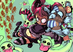 Rule 34 | 1girl, bear, black thighhighs, boots, bug, capelet, cockroach, drill hair, female focus, ghost, insect, kumacy, long hair, midriff, one piece, perona, pink hair, rafchu, scared, shaded face, skirt, striped clothes, striped thighhighs, sweat, thighhighs, thriller bark, tongue, twintails, white thighhighs