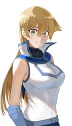 Rule 34 | 1girl, black shirt, blonde hair, blue gloves, breasts, closed mouth, duel academy uniform (yu-gi-oh! gx), elbow gloves, gloves, hair between eyes, jacket, large breasts, long hair, looking at viewer, rourou ill, shirt, simple background, sleeveless, sleeveless jacket, sleeveless shirt, smile, solo, standing, straight hair, tenjouin asuka, turtleneck, upper body, very long hair, white background, white jacket, yellow eyes, yu-gi-oh!, yu-gi-oh! gx