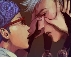 Rule 34 | 2boys, black sclera, blue hair, colored sclera, curly hair, from side, ghiaccio, glasses, gloves, hands on another&#039;s face, hat, highres, jojo no kimyou na bouken, male focus, meron nouka, multiple boys, open mouth, partially fingerless gloves, red eyes, risotto nero, silver hair, sweatdrop