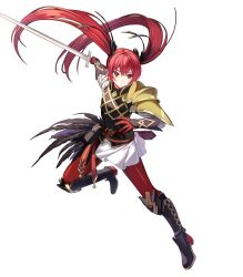 Rule 34 | 1girl, armor, attack, boots, commentary, english commentary, fire emblem, fire emblem fates, fire emblem heroes, gambeson, gloves, hair ribbon, highres, holding, holding sword, holding weapon, leg up, leggings, long hair, nintendo, non-web source, official art, open mouth, red eyes, red hair, red leggings, ribbon, selena (fire emblem fates), selena (resplendent) (fire emblem fates), solo, sword, twintails, v-shaped eyebrows, very long hair, weapon