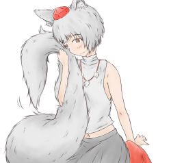 Rule 34 | 1boy, androgynous, animal ears, arm support, blush, gender request, genderswap, grey hair, hat, holding own tail, inubashiri momiji, jewelry, male focus, midriff, navel, necklace, raised eyebrows, short hair, simple background, sitting, sleeveless, sleeveless turtleneck, smile, solo, ta gero, tail, tassel, tokin hat, touhou, turtleneck, white background, wolf ears, wolf tail