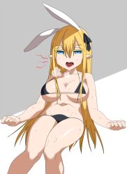 Rule 34 | 1girl, animal ears, aqua eyes, arms at sides, bare legs, bikini, black bikini, black ribbon, blonde hair, breasts, breath, cleavage, collarbone, commentary request, hair between eyes, hair ornament, hair ribbon, highres, hot, large breasts, leaning back, long hair, open mouth, original, pointy ears, rabbit ears, ribbon, shadow, simple background, sitting, solo, superkyu, sweat, swimsuit, tongue, tongue out, underwear, white background