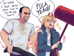 Rule 34 | 1boy, 1girl, artist name, balding, beard stubble, black hair, black necktie, blonde hair, bloodshot eyes, blue jacket, chainsaw man, collared shirt, dated, demon girl, demon horns, dirty, double barrels, evil smile, facial hair, grand theft auto, grand theft auto v, gun, hair between eyes, hammer, hand on another&#039;s shoulder, happy, highres, holding, holding gun, holding hammer, holding weapon, horns, i think we&#039;re gonna have to kill this guy steven (meme), jacket, long hair, mauv30, meme, necktie, open clothes, open jacket, power (chainsaw man), red horns, sharp teeth, shirt, shirt partially tucked in, smile, sparkle, speech bubble, stained clothes, stubble, t-shirt, tattoo, teeth, thick eyebrows, trevor philips, upper body, weapon, white shirt, yellow eyes