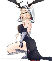 Rule 34 | 1girl, animal ears, antlers, antlers through headwear, arknights, armored boots, backless dress, backless outfit, black dress, black gloves, blonde hair, blush, boots, breasts, commission, deer antlers, deer ears, deer girl, detached hood, dress, ears through headwear, elsi, from side, gauntlets, gloves, grey eyes, hair between eyes, highres, hood, hood up, horns, large breasts, looking at viewer, partially fingerless gloves, pixiv commission, simple background, solo, squatting, strapless, strapless dress, viviana (arknights), white background