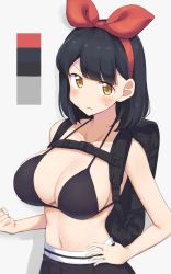 Rule 34 | 1girl, backpack, bag, bikini, bikini top only, black bikini, black hair, blush, bra, breasts, clenched hand, color guide, hair ornament, hair ribbon, hand on own hip, highres, large breasts, looking at viewer, mukuba, original, red ribbon, ribbon, skirt, solo, solo focus, swimsuit, underwear, yellow eyes