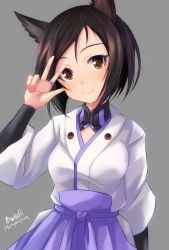 Rule 34 | 1girl, animal ears, artist name, bad id, bad twitter id, black bodysuit, blue skirt, bodysuit, brown eyes, brown hair, closed mouth, commentary request, dog ears, grey background, hakama, hakama short skirt, hakama skirt, haruhata mutsuki, head tilt, japanese clothes, kuroda kunika, long sleeves, looking at viewer, noble witches, shirt, short hair, signature, simple background, skirt, smile, solo, standing, swept bangs, twintails, upper body, w, white shirt, wide sleeves, world witches series