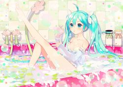 Rule 34 | 1girl, ahoge, aqua eyes, aqua hair, barefoot, bathing, breasts, bubble, blowing bubbles, cleavage, feet, gearous, hatsune miku, leg up, long hair, partially submerged, sitting, soap bubbles, solo, twintails, very long hair, vocaloid