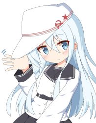 Rule 34 | 1girl, black sailor collar, black skirt, blue eyes, blush, closed mouth, commentary request, flat cap, hair between eyes, hammer and sickle, hand up, hat, head tilt, hibiki (kancolle), highres, ichi (ichi.colors), jacket, kantai collection, long hair, long sleeves, pleated skirt, sailor collar, school uniform, serafuku, silver hair, simple background, skirt, smile, solo, star (symbol), verniy (kancolle), very long hair, white background, white hat, white jacket