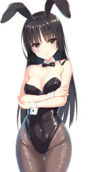 Rule 34 | 1girl, animal ears, aria (koiiroharemoyou), bad id, bad pixiv id, bare shoulders, black bow, black bowtie, black hair, black hairband, black leotard, blush, bow, bowtie, breasts, brown eyes, brown pantyhose, cafe stella to shinigami no chou, cleavage, closed mouth, collar, collared shirt, commentary request, covered navel, cowboy shot, detached collar, fake animal ears, groin, hairband, highres, leotard, long hair, looking at viewer, medium breasts, pantyhose, playboy bunny, rabbit ears, shiki natsume, shirt, simple background, solo, strapless, strapless leotard, thigh gap, very long hair, white background, white collar, white wrist cuffs, wing collar, wrist cuffs