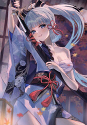 1girl :d absurdres arm_up ayaka_(genshin_impact) bare_shoulders black_sash blue_eyes breasts chest_sarashi cleavage collarbone commentary_request cowboy_shot floral_print floral_print_kimono genshin_impact grey_hair grey_kimono grin hair_ribbon highres holding holding_sword holding_weapon japanese_clothes katana kimono light_blush long_hair looking_at_viewer maaashuro medium_breasts mole mole_under_eye obi open_mouth ponytail print_kimono red_ribbon ribbon sarashi sash sheath single_strap smile solo standing sword tassel unsheathing weapon