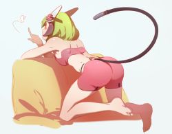 Rule 34 | 1girl, 3four, android, ass, bare shoulders, bike shorts, breasts, closed mouth, commentary, dimension w, green hair, headgear, multicolored hair, short hair, simple background, solo, streaked hair, tail, two-tone hair, yurizaki mira