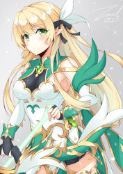 Rule 34 | armor, armpits, black gloves, black ribbon, black skirt, blonde hair, blush, bow (weapon), breasts, bridal gauntlets, closed mouth, dated, detached sleeves, dress, elf, fantasy, floating hair, gem, gloves, gold trim, grand chase, green eyes, green gemstone, grey background, hair between eyes, hair ribbon, holding, holding bow (weapon), holding weapon, jewelry, large breasts, light particles, lire, long hair, looking at viewer, multicolored clothes, multicolored dress, pendant, pleated skirt, pointy ears, ponytail, ribbon, sidelocks, signature, simple background, skirt, solo, sparkle, thighhighs, thighs, twitter username, unel1211, very long hair, weapon, white ribbon