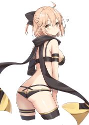Rule 34 | 1girl, ?, ahoge, ass, bad id, bad twitter id, bikini, black bikini, black bow, black scarf, blonde hair, blush, bow, breasts, butt crack, fate/grand order, fate (series), from behind, hair between eyes, hair bow, hair ribbon, highres, looking at viewer, looking back, medium breasts, okita j. souji (first ascension) (fate), okita souji (fate), okita souji (koha-ace), revealing clothes, ribbon, scarf, sideboob, simple background, solo, swimsuit, thighhighs, white background, yellow eyes, yuzu-aki