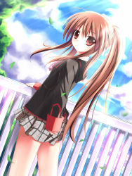 Rule 34 | brown hair, dutch angle, little busters!, long hair, looking back, mycstea, natsume rin, plaid, plaid skirt, ponytail, red eyes, school uniform, skirt, solo