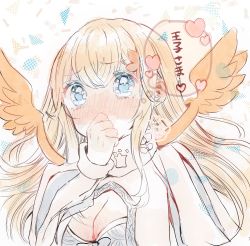 Rule 34 | 1girl, blonde hair, blue eyes, breasts, cleavage, cleavage cutout, clothing cutout, covering own mouth, dotted background, flower, hanazome march, heart, high collar, highres, large breasts, long hair, looking at viewer, rapunzel (sinoalice), sad, simple background, sinoalice, sketch, wings