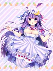 Rule 34 | 1girl, :o, alternate costume, animal ears, bow, breasts, carrot, cleavage, cleavage cutout, clothing cutout, crescent, dress, female focus, hair bow, hat, highres, large breasts, long hair, looking at viewer, miiiiiiii, open mouth, patchouli knowledge, puffy sleeves, purple eyes, purple hair, rabbit ears, short sleeves, solo, striped background, striped clothes, striped dress, striped thighhighs, thighhighs, touhou, vertical-striped clothes, vertical-striped dress, vertical-striped thighhighs, wrist cuffs