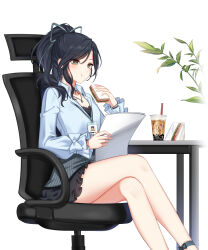 Rule 34 | 1girl, :t, alternate hair color, anklet, bare legs, black hair, black skirt, black undershirt, blue bow, blue shirt, bow, bubble tea, business casual, chair, closers, collared shirt, crossed legs, cup, disposable cup, dress shirt, drinking straw, eating, eunha (closers), feet out of frame, food, full mouth, green eyes, grey ribbon, hair ribbon, hand up, highres, holding, holding food, holding paper, id card, jewelry, lanyard, long sleeves, looking down, medium hair, miniskirt, office chair, office lady, official art, on chair, paper, pendant, plant, ponytail, reading, ribbon, sandwich, shirt, shirt under shirt, sitting, skirt, sleeve bow, solo, swivel chair, table, white background