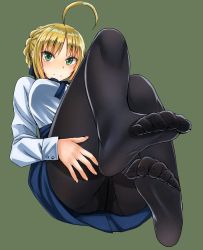 Rule 34 | 1girl, ahoge, artoria pendragon (all), artoria pendragon (fate), ass, black panties, black pantyhose, blonde hair, blush, breasts, closed mouth, fate/stay night, fate (series), feet, foot focus, full body, green background, green eyes, hair ornament, hand on own thigh, kokuriu, legs, legs up, long sleeves, looking at viewer, medium breasts, no shoes, panties, panties under pantyhose, pantyhose, parted bangs, saber (fate), shirt, short hair, simple background, smile, solo, toe scrunch, toes, underwear, upskirt, white shirt