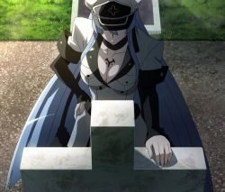 Rule 34 | 10s, 1girl, akame ga kill!, blue hair, breasts, esdeath, grave, hat, large breasts, long hair, screencap, solo, standing, stitched, tattoo, third-party edit, very long hair