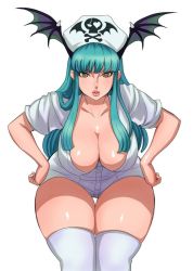 Rule 34 | 1girl, aqua hair, breasts, brown eyes, cleavage, curvy, hands on own hips, hat, head wings, large breasts, leaning forward, long hair, looking at viewer, matoyama, morrigan aensland, nurse, nurse cap, parted lips, solo, thick thighs, thigh gap, thighhighs, thighs, vampire (game), white background, white thighhighs, wide hips, wings