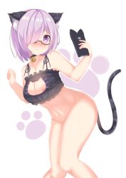 Rule 34 | 1girl, animal ears, bell, neck bell, neck bell, black bra, bottomless, bra, breasts, cat cutout, cat ear panties, cat ears, cat lingerie, cat tail, choker, cleavage cutout, clothing cutout, collar, fate/grand order, fate (series), glasses, hair over one eye, jingle bell, l4no, mash kyrielight, meme attire, nipple slip, nipples, no panties, panties, purple hair, selfie, short hair, solo, tail, underwear, underwear only