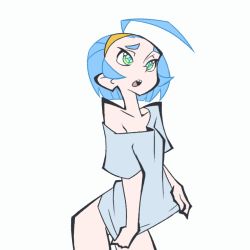 Rule 34 | 1girl, ahoge, animated, animated gif, blue background, blue hair, bottomless, breasts, cleavage, cleft of venus, clothes lift, collarbone, female focus, green eyes, hair ornament, hairband, hands up, legs apart, lifting own clothes, multicolored eyes, navel, no bra, off shoulder, one eye closed, open mouth, original, pussy, shirt, shirt lift, short hair, simple background, small breasts, smile, solo, symbol-shaped pupils, teeth, the pink pirate, tongue, tongue out, uncensored, wink, yellow eyes