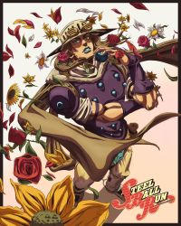 Rule 34 | 1boy, blue lips, brown cape, cape, copyright name, flower, grandguerrilla, green eyes, gyro zeppeli, hat, highres, holding, jojo no kimyou na bouken, lipstick, looking at viewer, makeup, male focus, pants, purple shirt, red flower, red rose, rose, shirt, smile, solo, standing, steel ball run