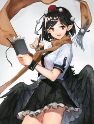 Rule 34 | 1girl, black hair, black skirt, black wings, book, cowboy shot, eho (icbm), feathered wings, frilled skirt, frills, grey background, hair ornament, hairclip, hat, holding, holding book, holding pen, nib pen (object), open mouth, pen, pointy ears, pom pom (clothes), red eyes, red hat, scarf, shameimaru aya, shirt, short hair, short sleeves, skirt, smile, solo, thighs, tokin hat, touhou, white shirt, wings, wrist cuffs, yellow scarf