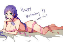 Rule 34 | 10s, 1girl, 2014, arm support, breasts, card, cleavage, dated, green eyes, hanging breasts, happy birthday, large breasts, long hair, looking at viewer, love live!, love live! school idol project, lying, naked ribbon, on stomach, purple hair, ribbon, saiste, simple background, smile, solo, tojo nozomi, twintails, white background