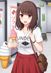 Rule 34 | 1girl, :d, arrow (symbol), bag, blush, brown eyes, brown hair, clothes writing, collarbone, commentary request, crescent, crescent necklace, english text, food, food on face, handbag, holding, holding food, ice cream, ice cream cone, ice cream on face, indoors, jewelry, long hair, looking at viewer, nakamura sumikage, necklace, open mouth, original, pleated skirt, red skirt, shirt, short sleeves, shoulder bag, sign, skirt, smile, soft serve, solo, tile floor, tiles, translation request, white shirt